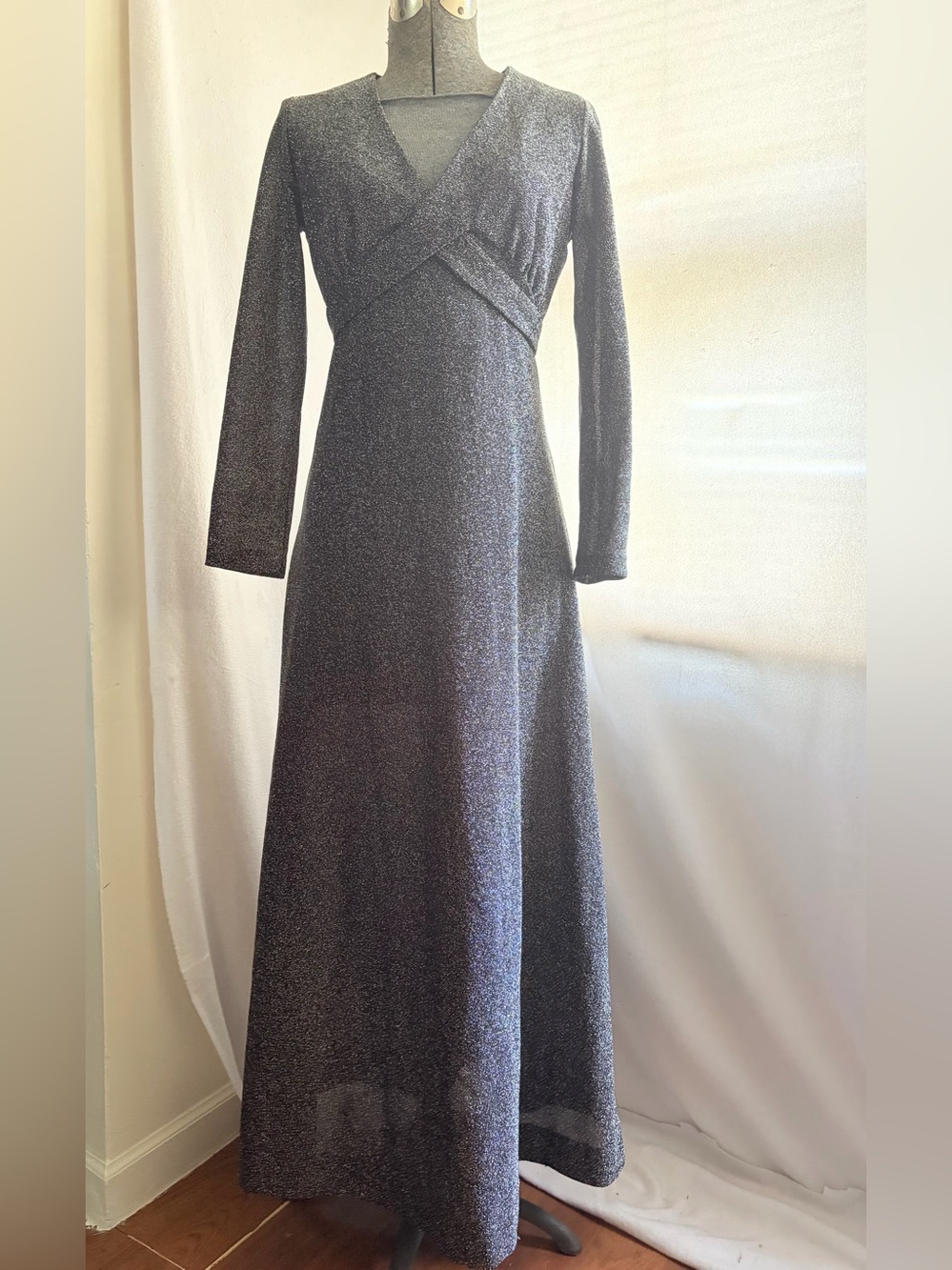 Vtg 70s Sears black and silver metallic maxi disco dress